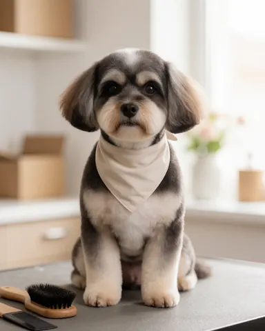 A small dog with freshly groomed fur and a white bandana sitting on a grooming table.