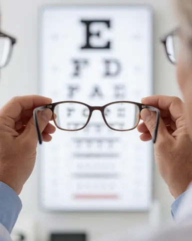 A person holds a pair of glasses in front of a vision chart to test their vision.