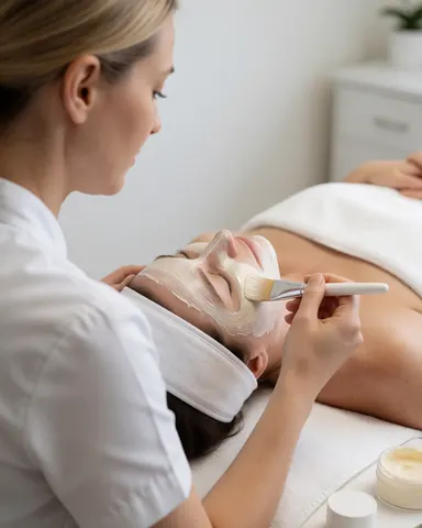Esthetician applying facial mask with brush to a client resting on a treatment bed in a beauty salon.