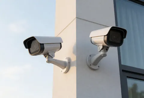 Two security cameras mounted on the exterior wall of a modern building under the sun.