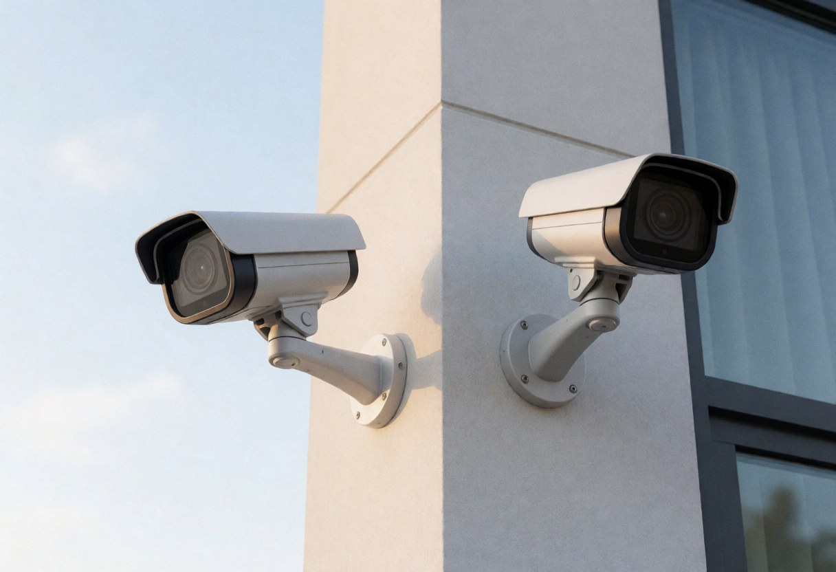 Two security cameras mounted on the exterior wall of a modern building under the sun.