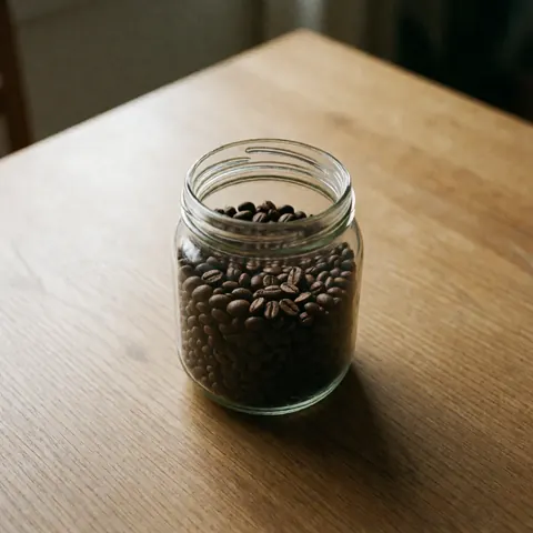 Roasted coffee beans in a glass jar on a wooden table.