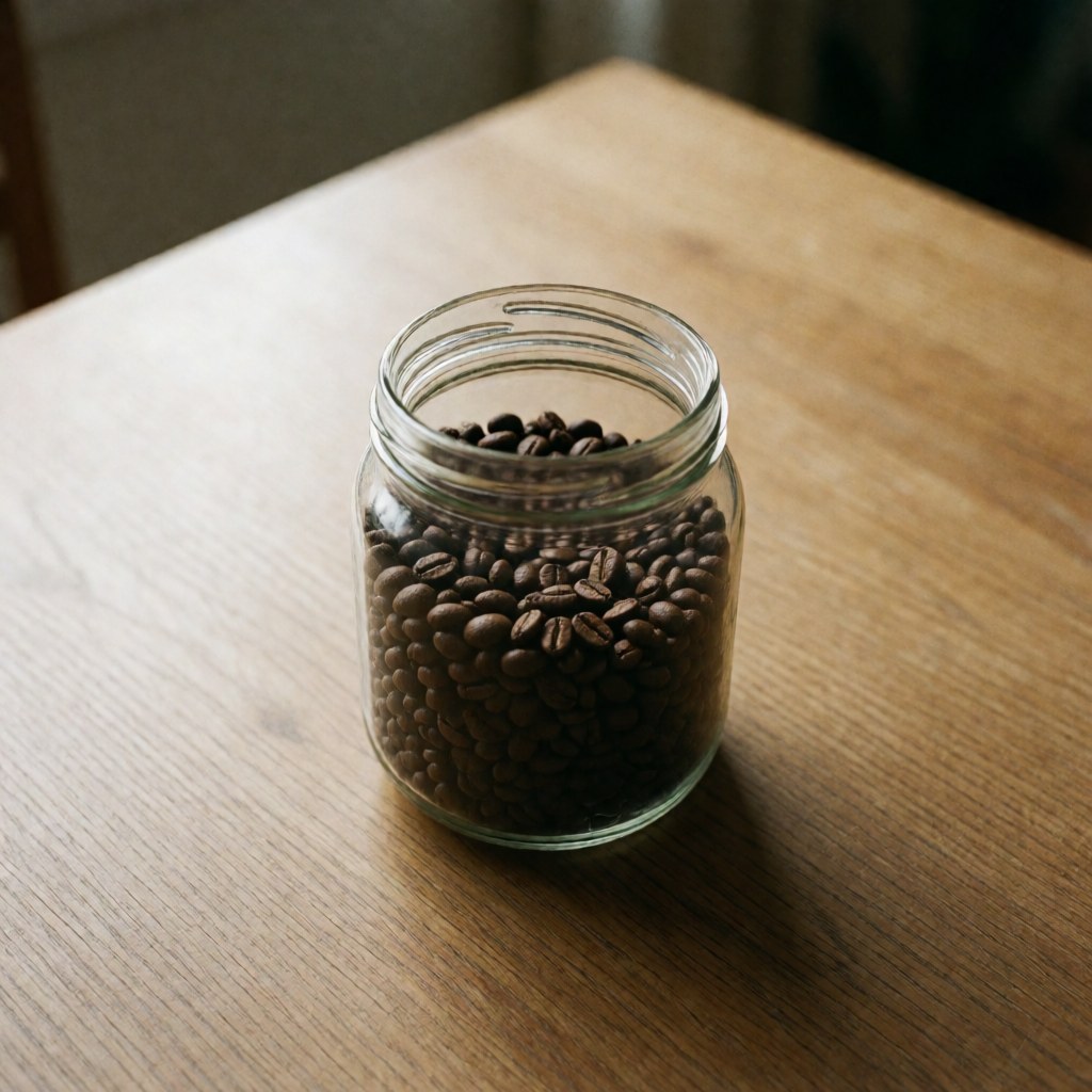 Roasted coffee beans in a glass jar on a wooden table.