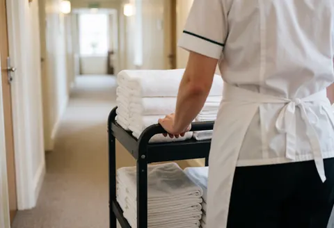 Hotel employee pushing a cart with white towels down a hallway of rooms.