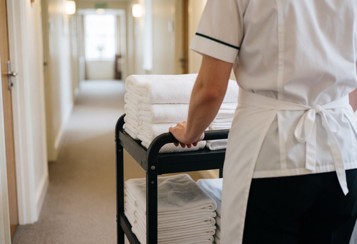 Hotel employee pushing a cart with white towels down a hallway of rooms.