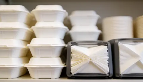 Food containers and napkin dispensers on a restaurant counter.