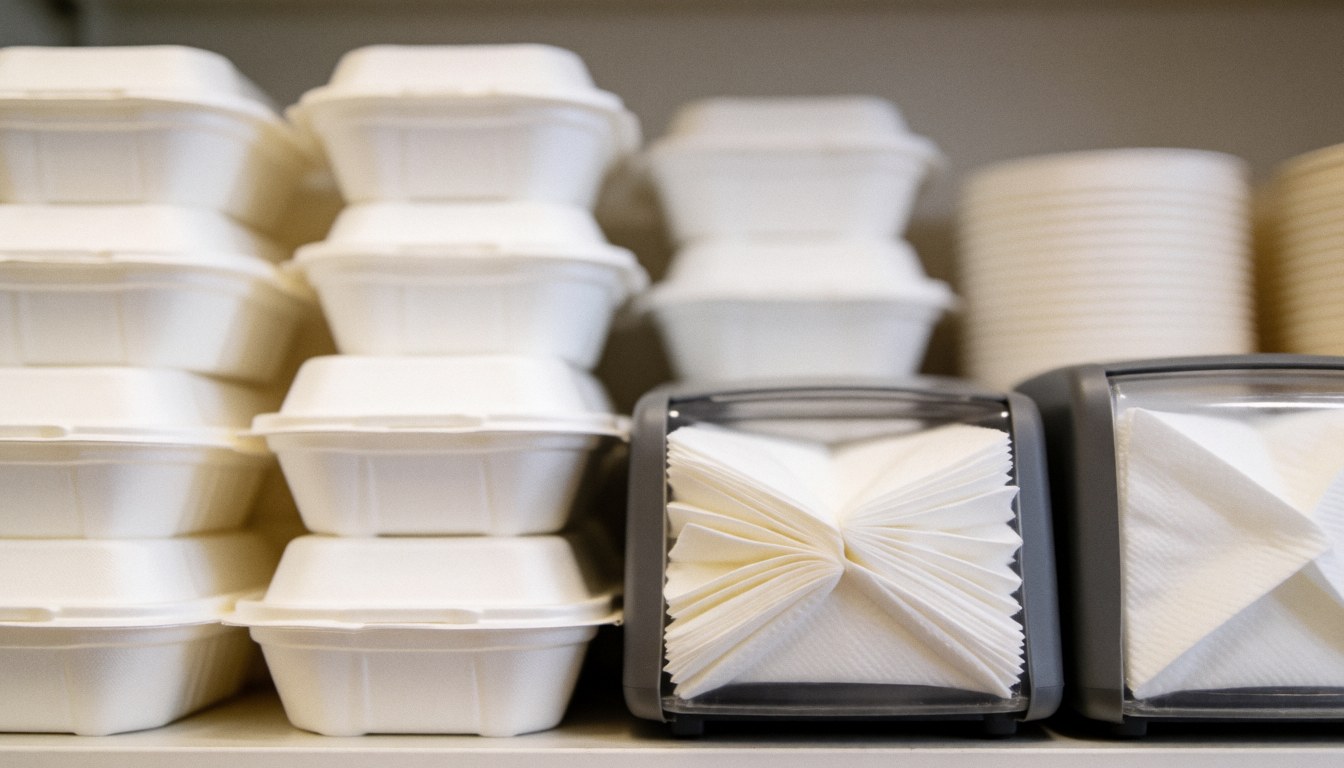 Food containers and napkin dispensers on a restaurant counter.
