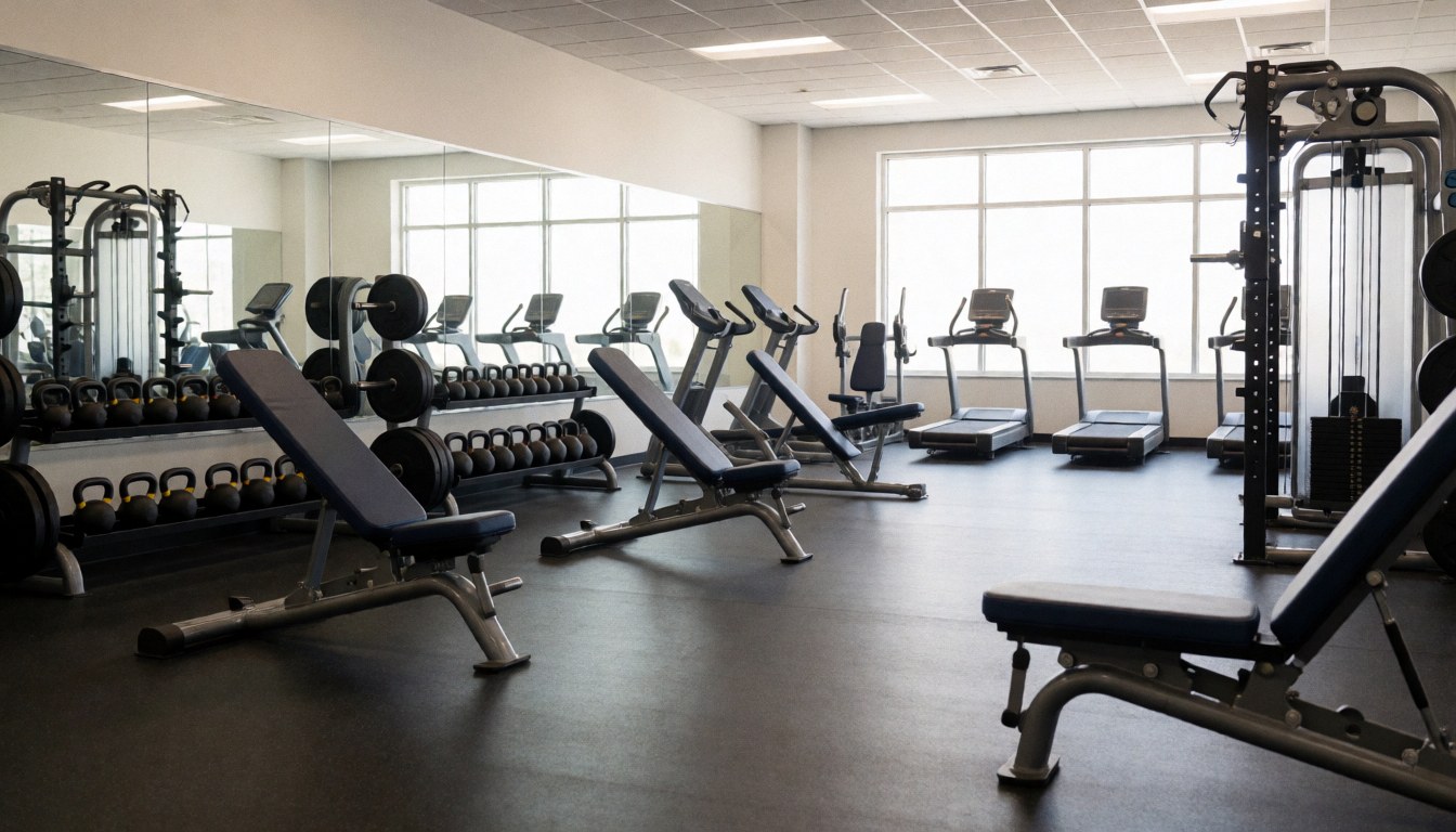 Empty modern gym interior featuring weight benches, dumbbells, and exercise machines for fitness training