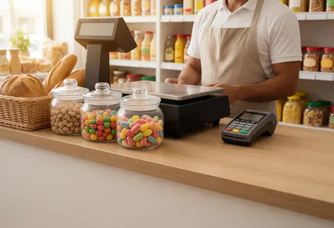 Employee at a minimarket serving a customer with a cash register and card payment.