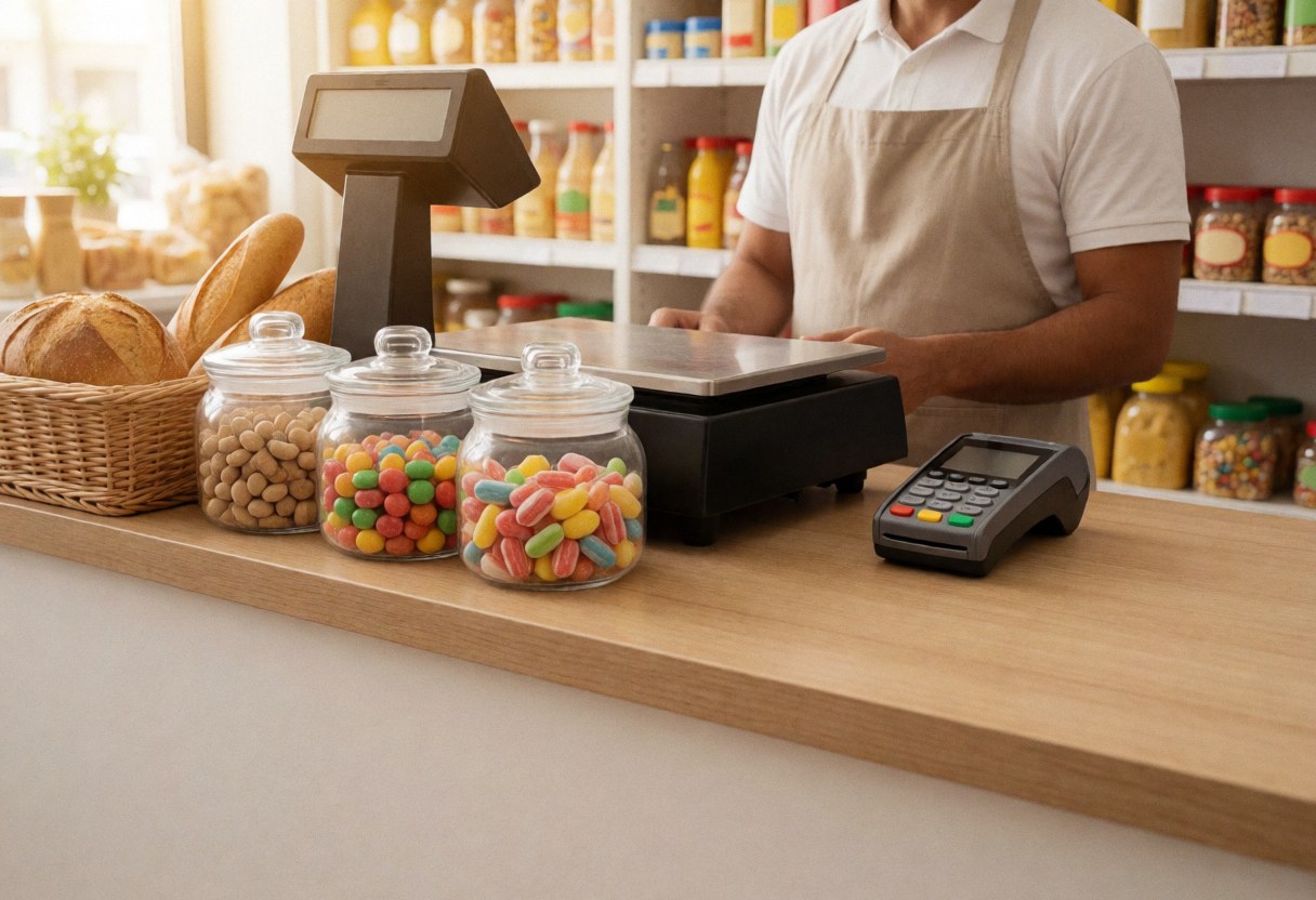 Employee at a minimarket serving a customer with a cash register and card payment.