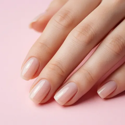 Close-up of hands with nude gel manicure and shiny nails against a light pink background