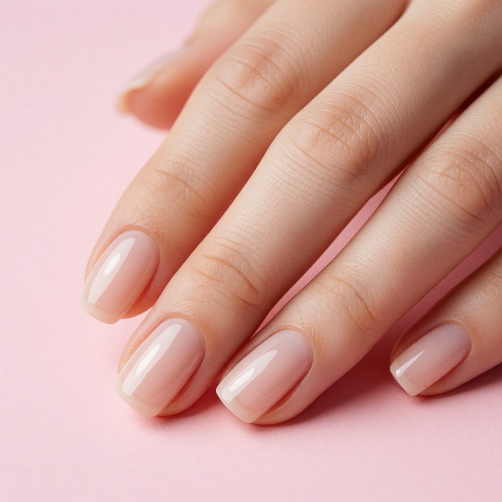 Close-up of hands with nude gel manicure and shiny nails against a light pink background