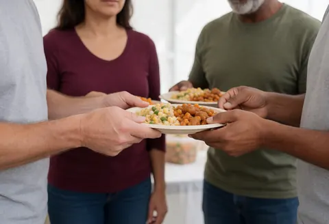 Hands exchanging plates of prepared food at a community dining hall, showing volunteers serving meals to people in need.