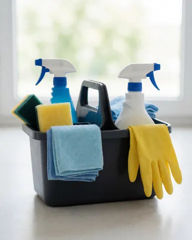 Black bucket with cleaning supplies, yellow gloves, sponges, and cloths for cleaning.