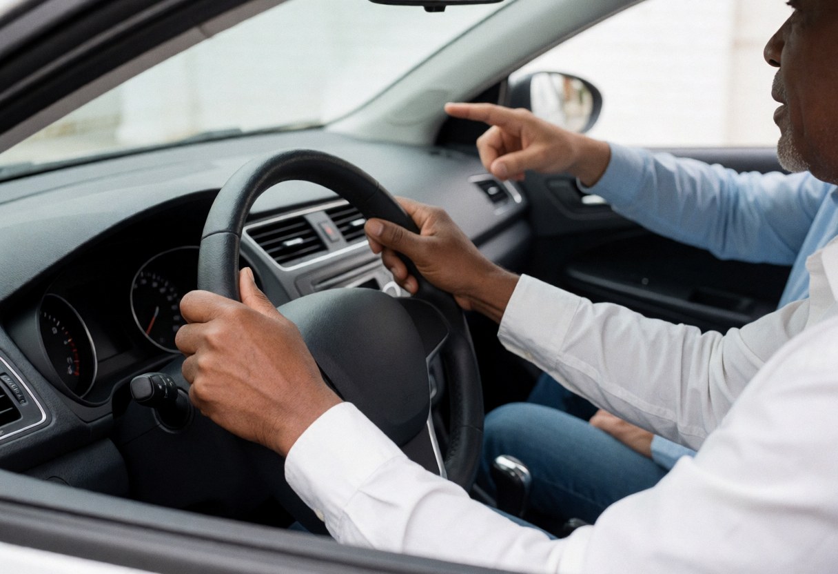 A driving instructor gives instructions to a student while driving a car, with one hand on the steering wheel and the other pointing.