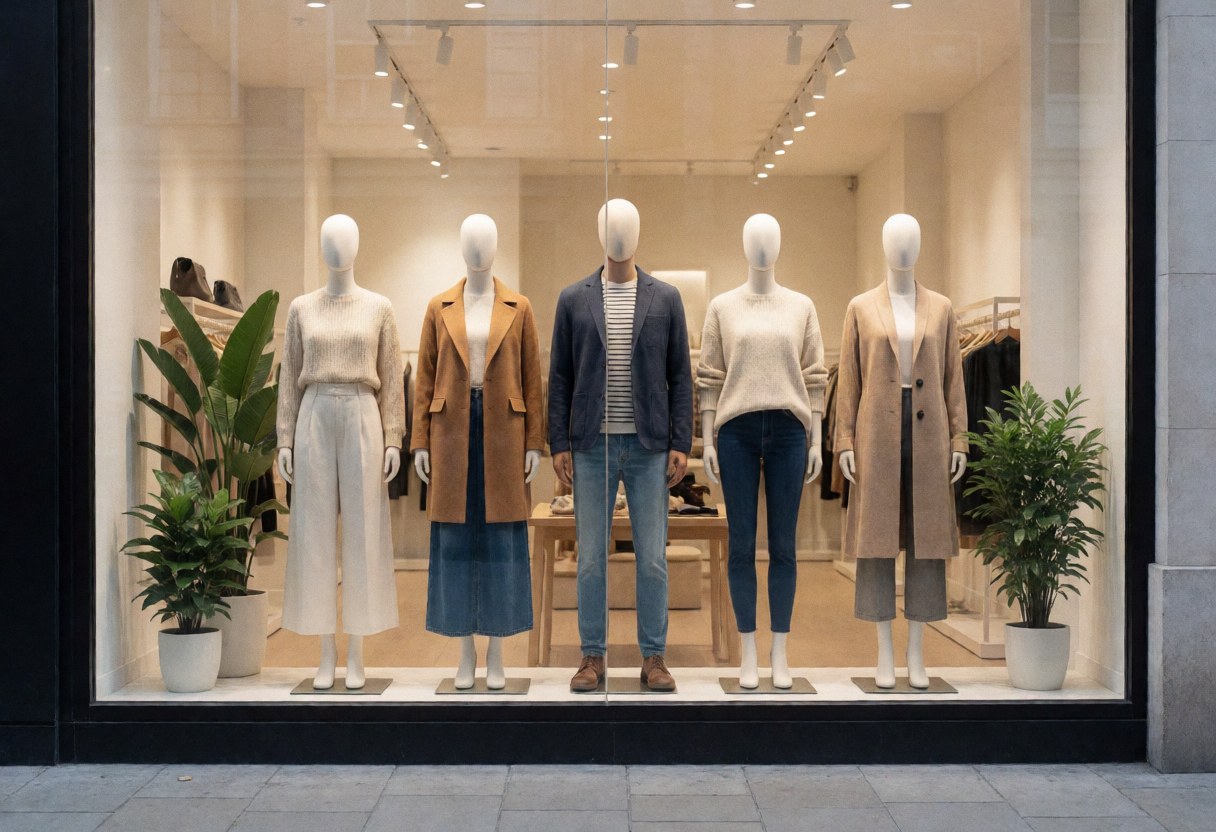 Clothing store window display with mannequins dressed in fashion clothing, plants and interior lights.