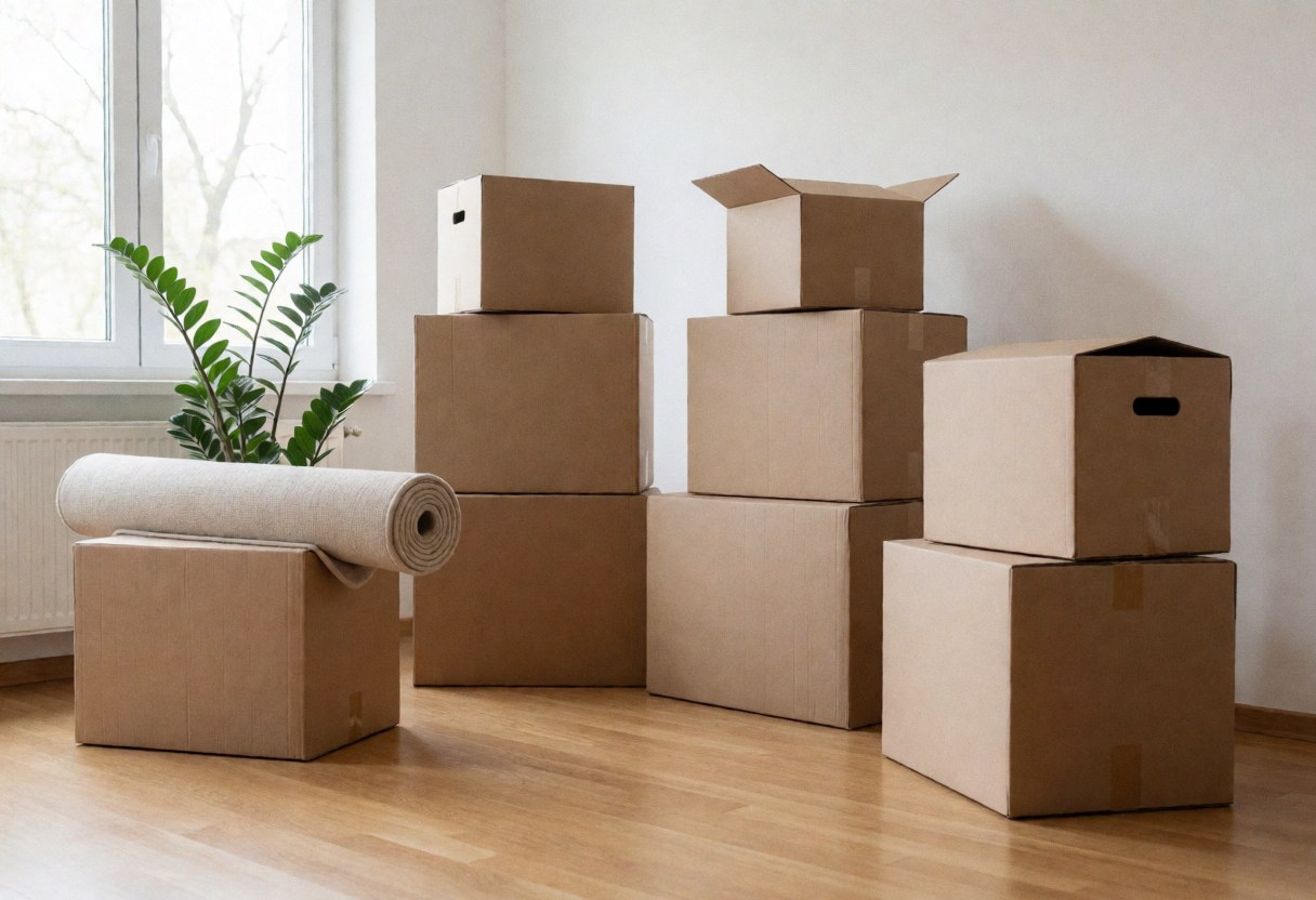 Several cardboard boxes stacked in a room with wooden floor and a plant near the window.