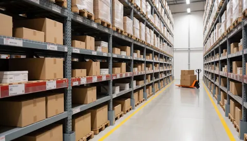 Logistics warehouse with metal shelves full of cardboard boxes and a hand truck in the aisle.
