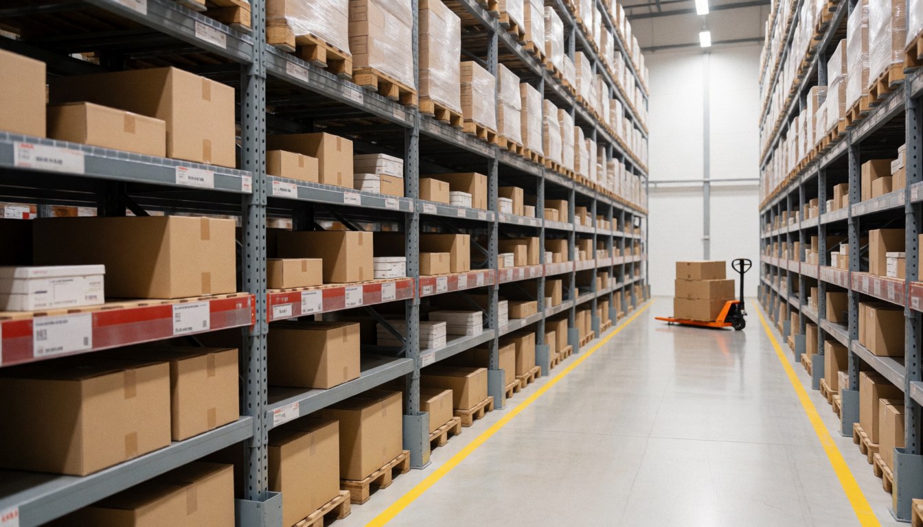 Logistics warehouse with metal shelves full of cardboard boxes and a hand truck in the aisle.