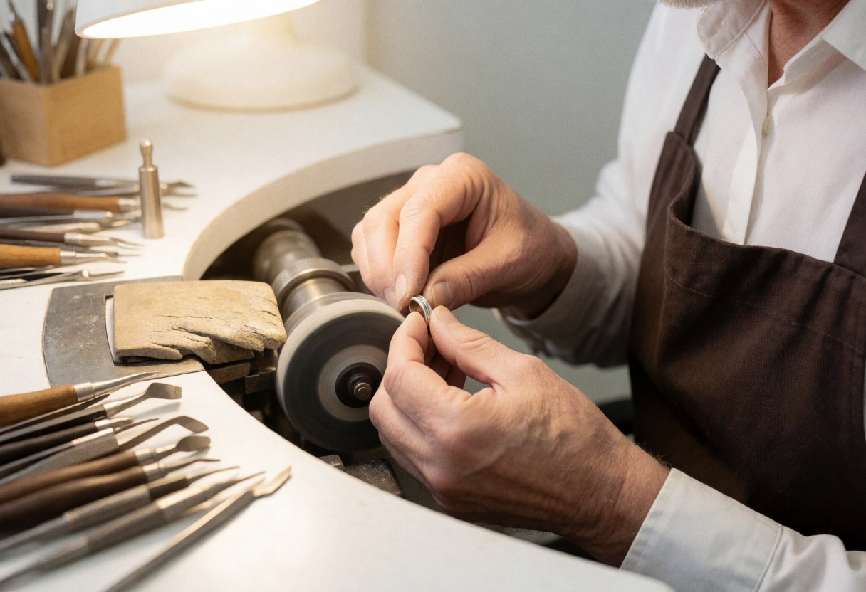 A jeweler in an apron polishing a ring on a polishing machine, with jewelry tools on the workbench.