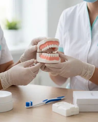 Two professionals in gloves explain a dental model on a table with toothbrush and dental products.