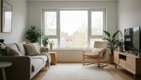 Modern living room with sofa, chair, and plants, illuminated by natural light from window.