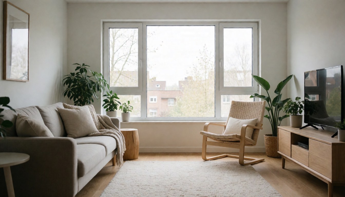 Modern living room with sofa, chair, and plants, illuminated by natural light from window.