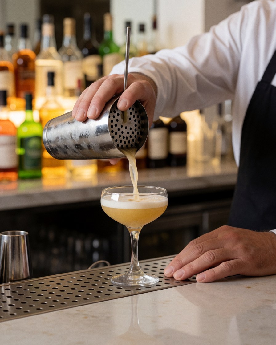 Bartender pouring a cocktail with a strainer into a glass, with liquor bottles in the background.