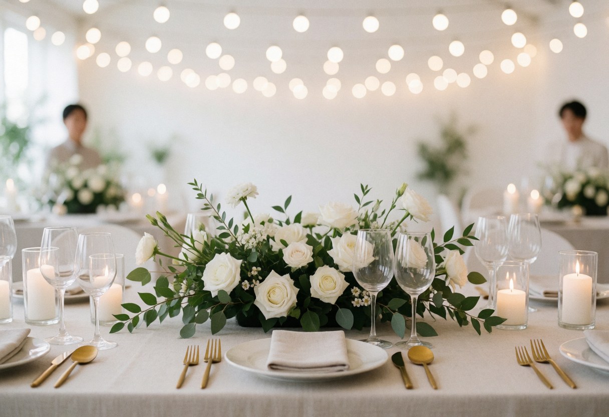 Wedding table with white floral centerpiece, dinnerware, glasses and lit candles under string lights.