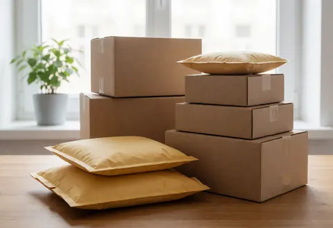 Stacked cardboard boxes and brown envelopes on a wooden table near a window with a plant.