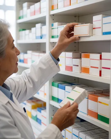 A pharmacist in a white coat checks medicine boxes on shelves in a pharmacy.