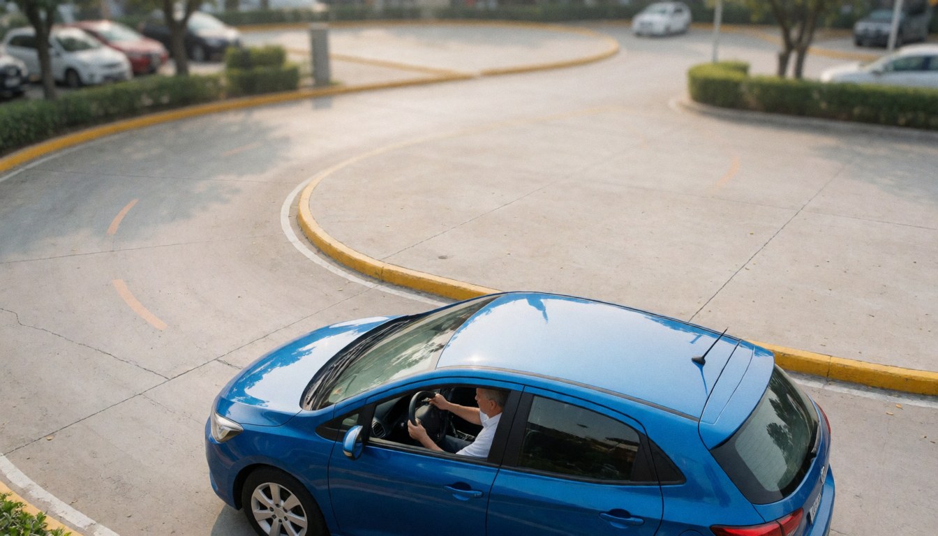 A blue car with a driver navigating a designated training curve on an urban road under a clear sky, suitable for driving school websites.