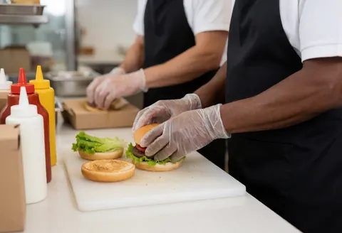 Two chefs in gloves assemble a hamburger with lettuce and meat on a kitchen prep table.