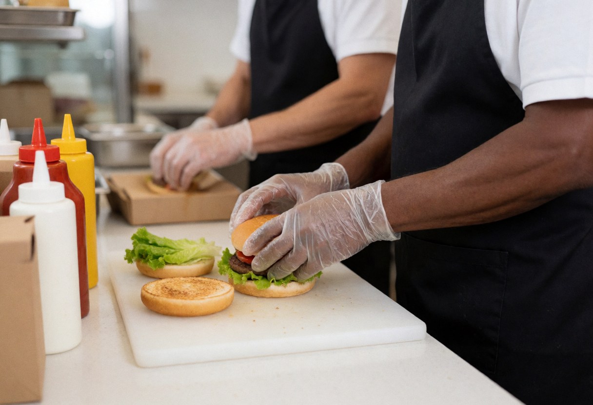 Two chefs in gloves assemble a hamburger with lettuce and meat on a kitchen prep table.