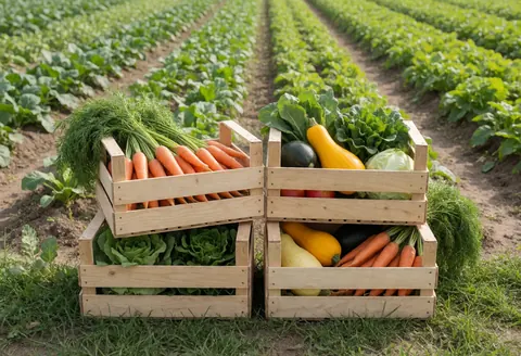 Wooden crates filled with fresh vegetables like carrots, lettuce and squash in an agricultural field.