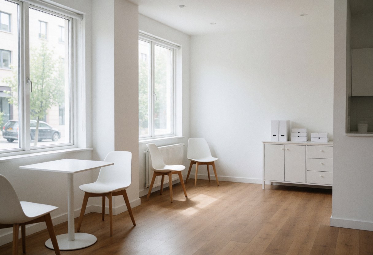 Clean and spacious clinic interior with white tables, chairs, and furniture under natural light.