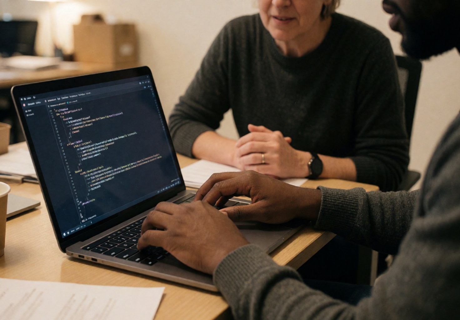 A developer works on a computer while a client attentively watches the code on the screen.