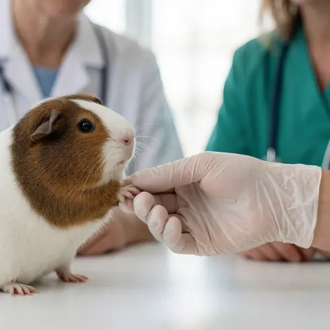 Close-up of a gloved hand gently holding a guinea pig's paw during a veterinary examination with blurred figures in the background