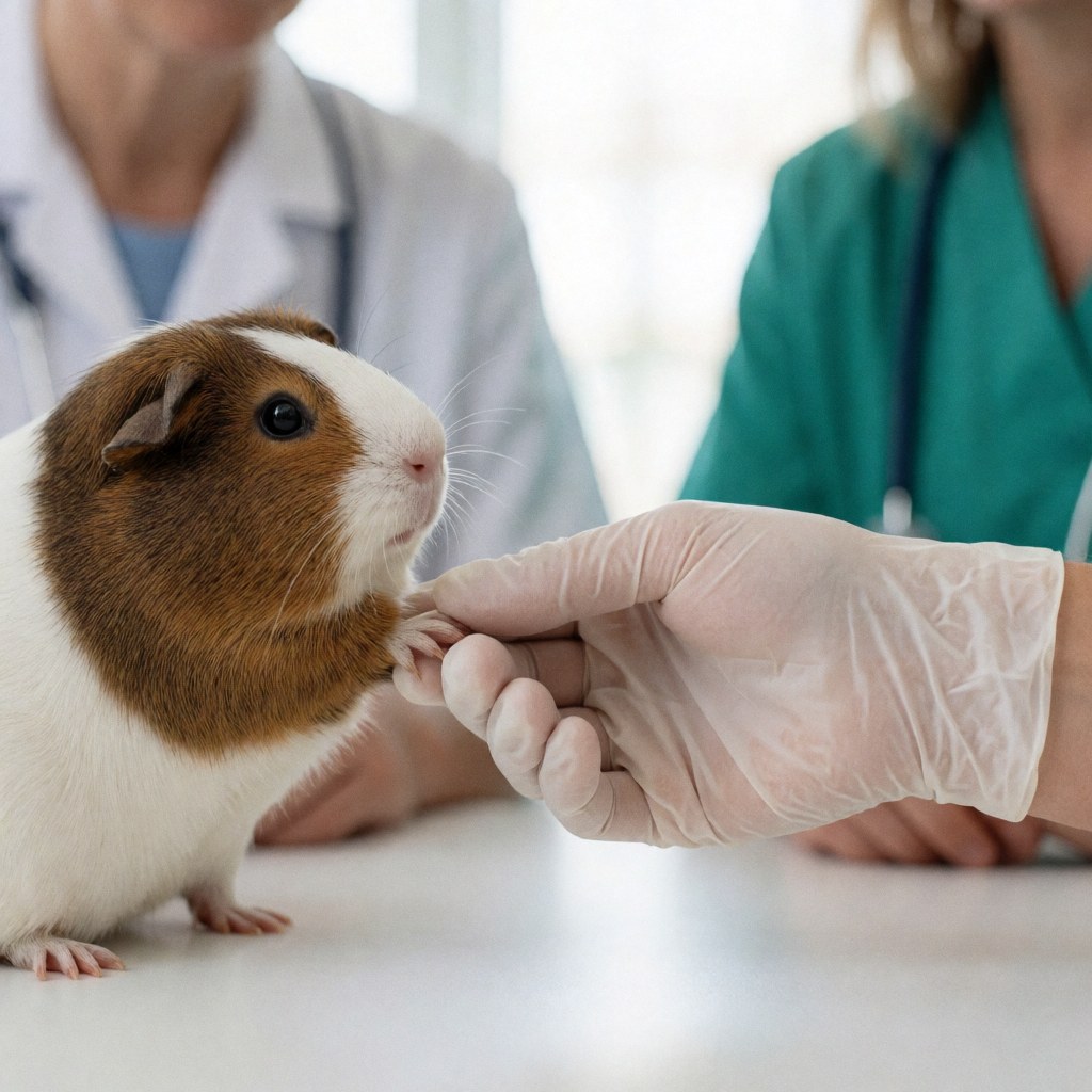 A gloved hand holds a guinea pig's paw while two veterinarians examine it in a clinic.
