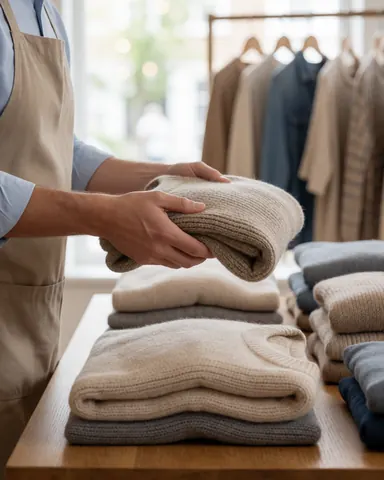 Employee in clothing store organizing folded sweaters on a wooden table.