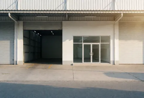 Facade of an empty industrial warehouse with loading door and glass windows.