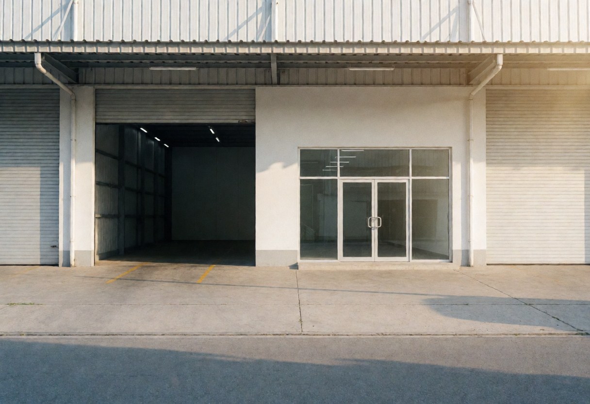 Facade of an empty industrial warehouse with loading door and glass windows.