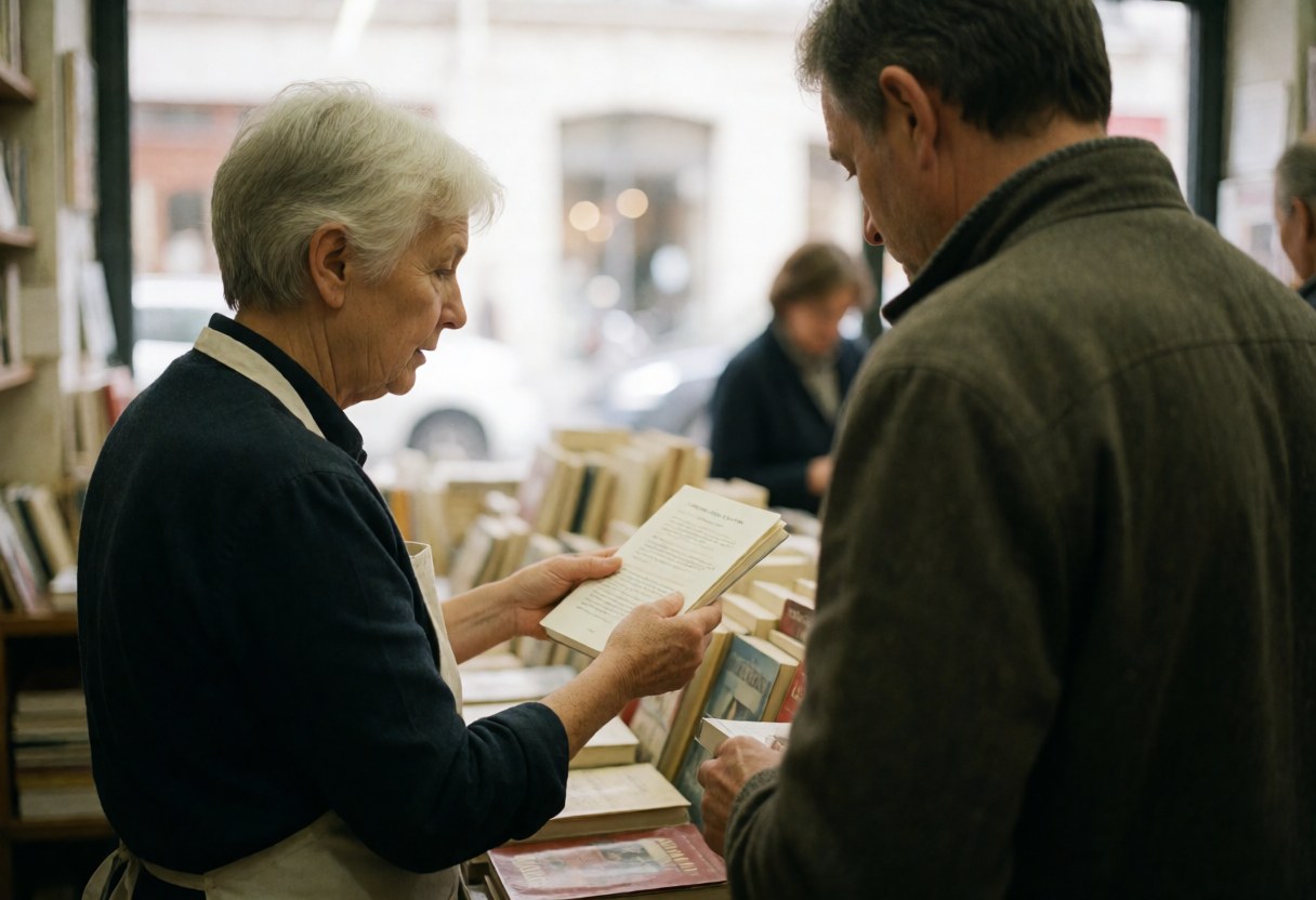 A bookseller helps a customer choose a book among shelves full of books in a bookstore.
