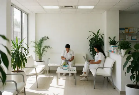 Bright and clean waiting area featuring white chairs, a table with a laptop, and green plants near large windows for natural light.