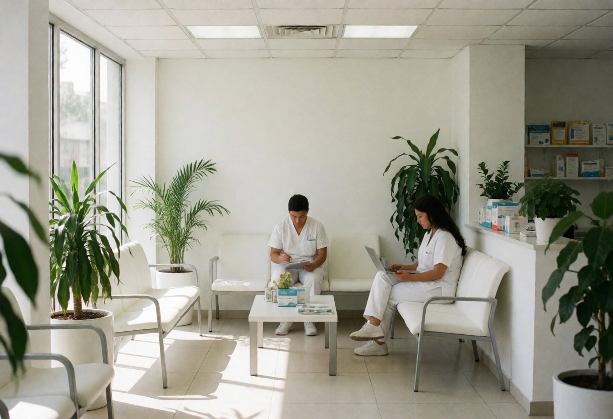 Two medical professionals in white uniforms working in a waiting room with plants and white furniture.