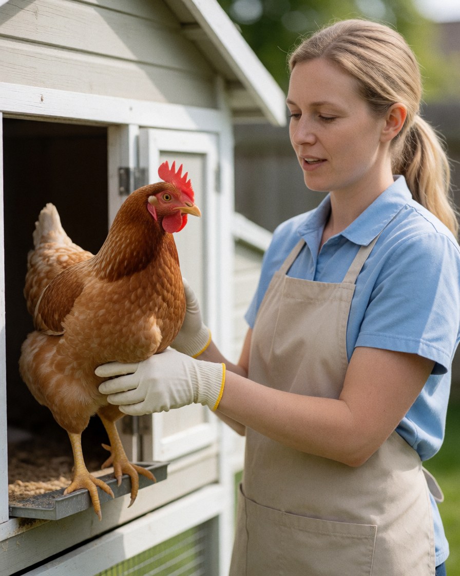 A woman in gloves holds a brown chicken in front of a chicken coop in a yard.