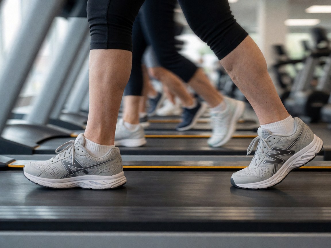 Several people running on treadmills in a modern gym.
