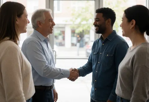 A man and woman smile and shake hands at the entrance of a coworking space while colleagues observe in the background.