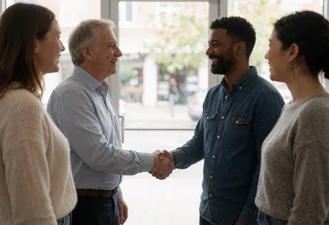 Two people shake hands in a coworking space while two others watch and smile.