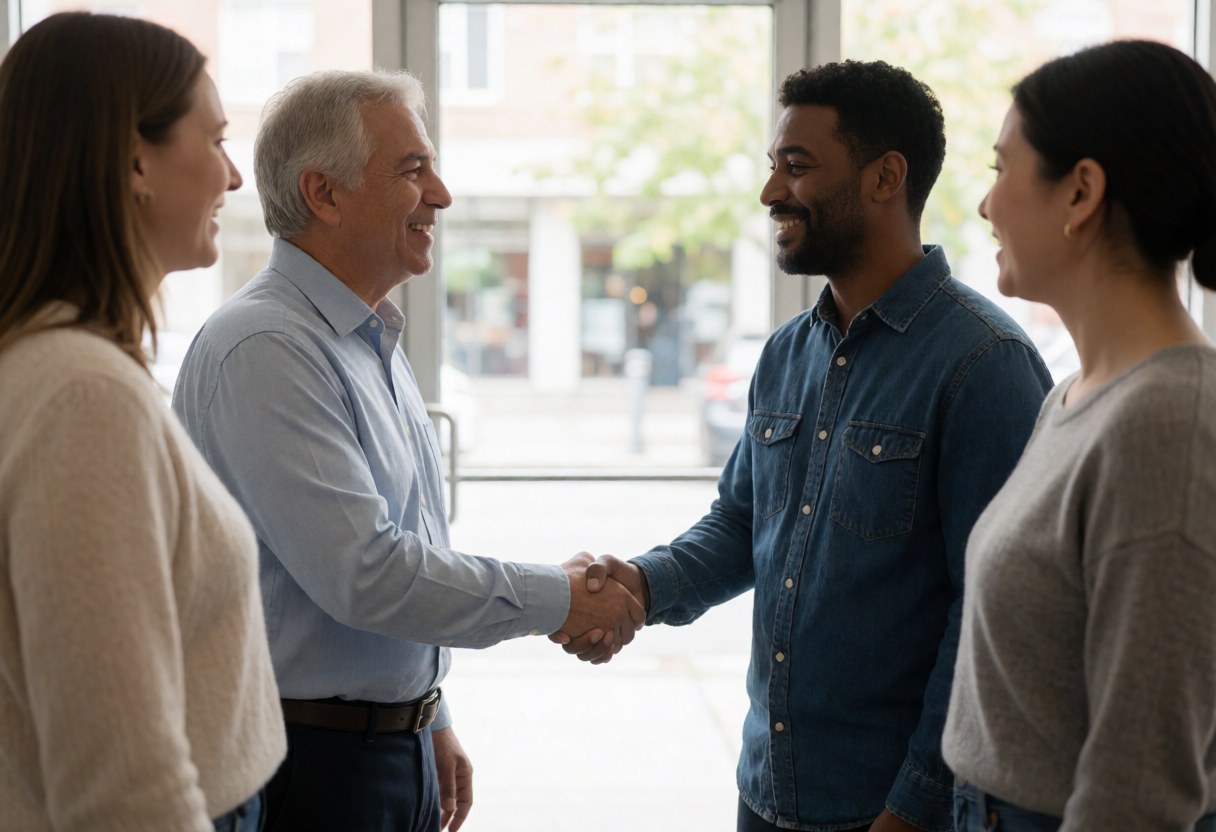 Two people shake hands in a coworking space while two others watch and smile.